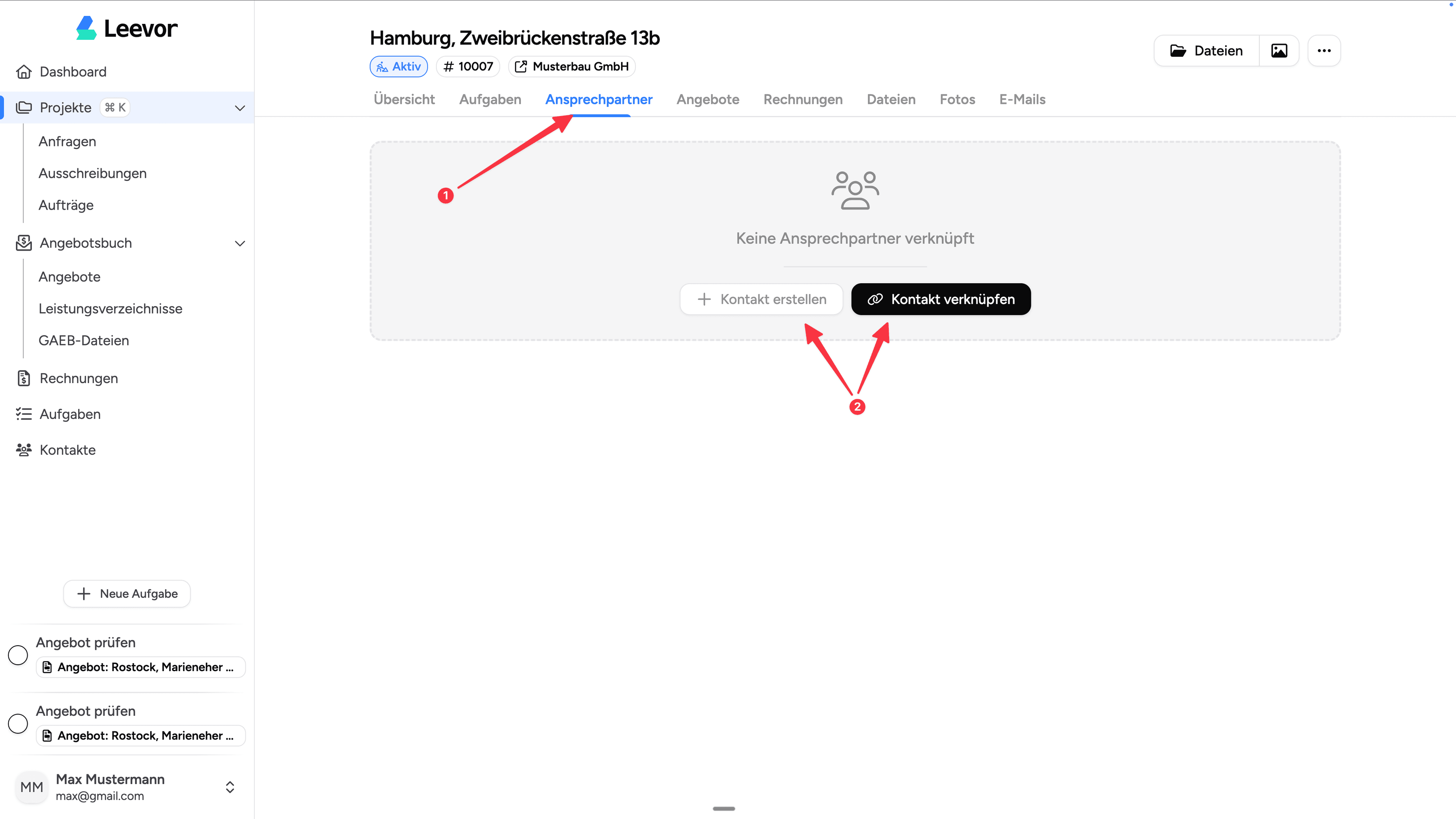 Ansprechpartner-Tab im Projekt
