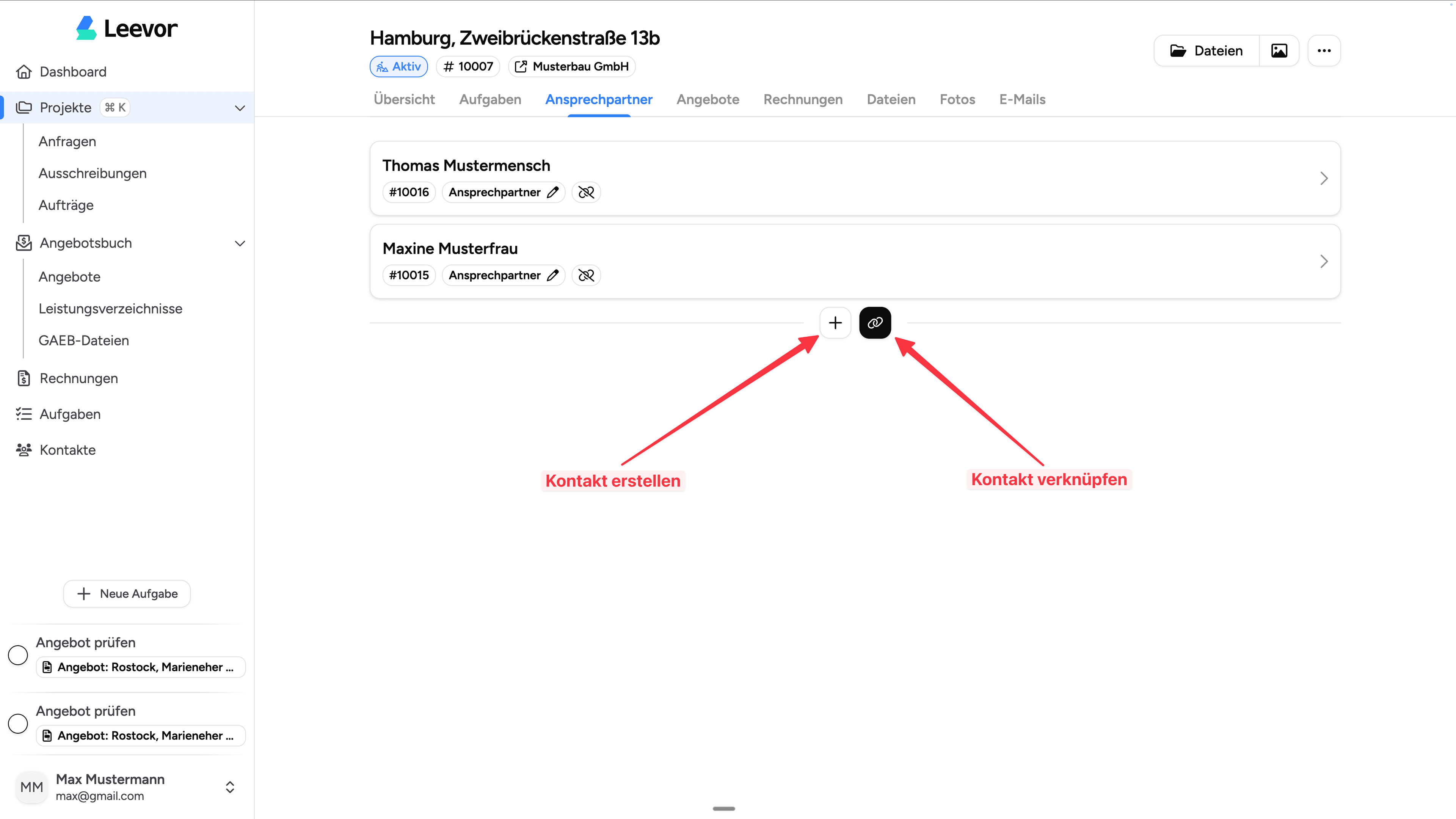 Ansprechpartner-Liste mit Buttons