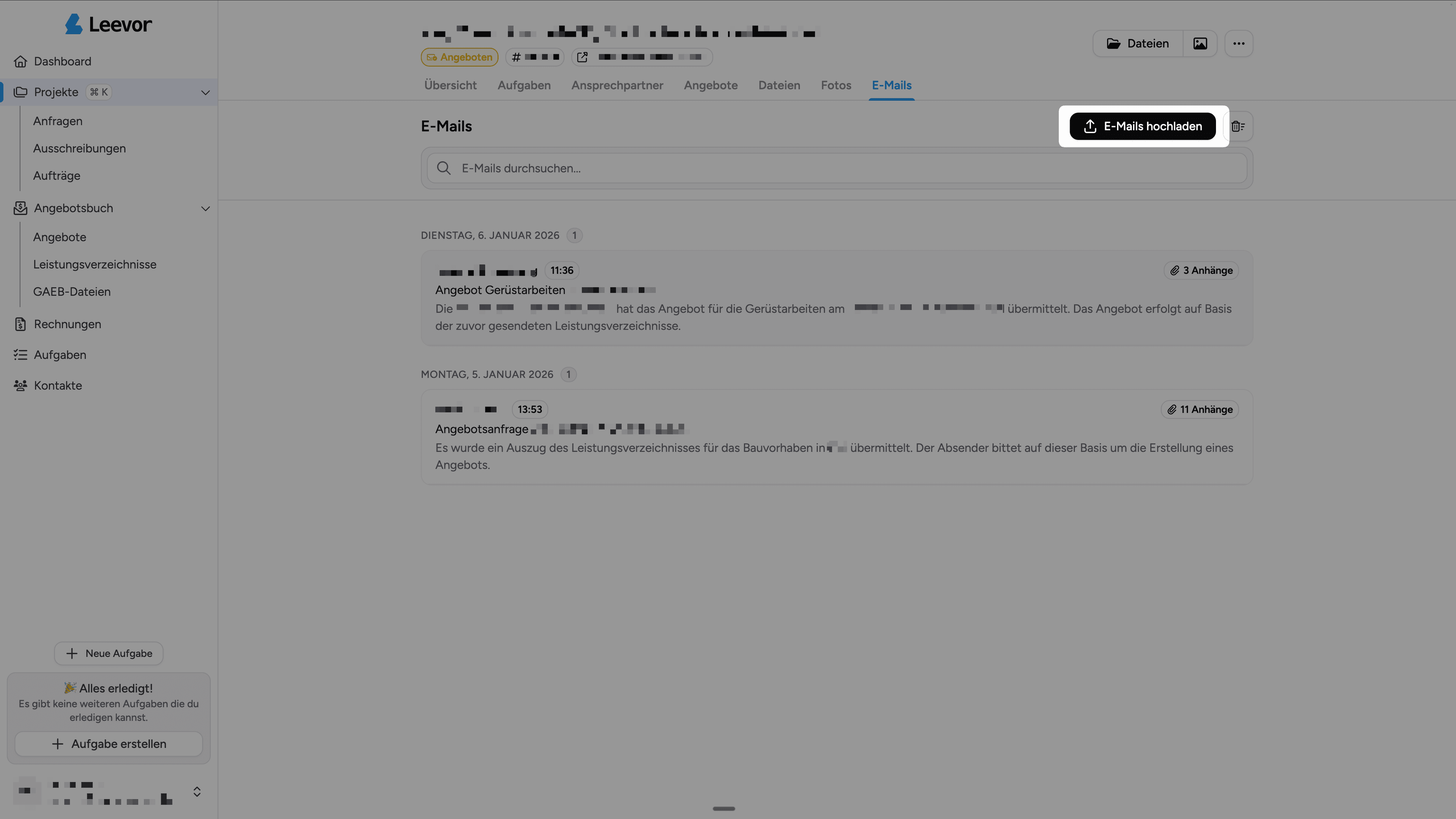 E-Mails hochladen Button