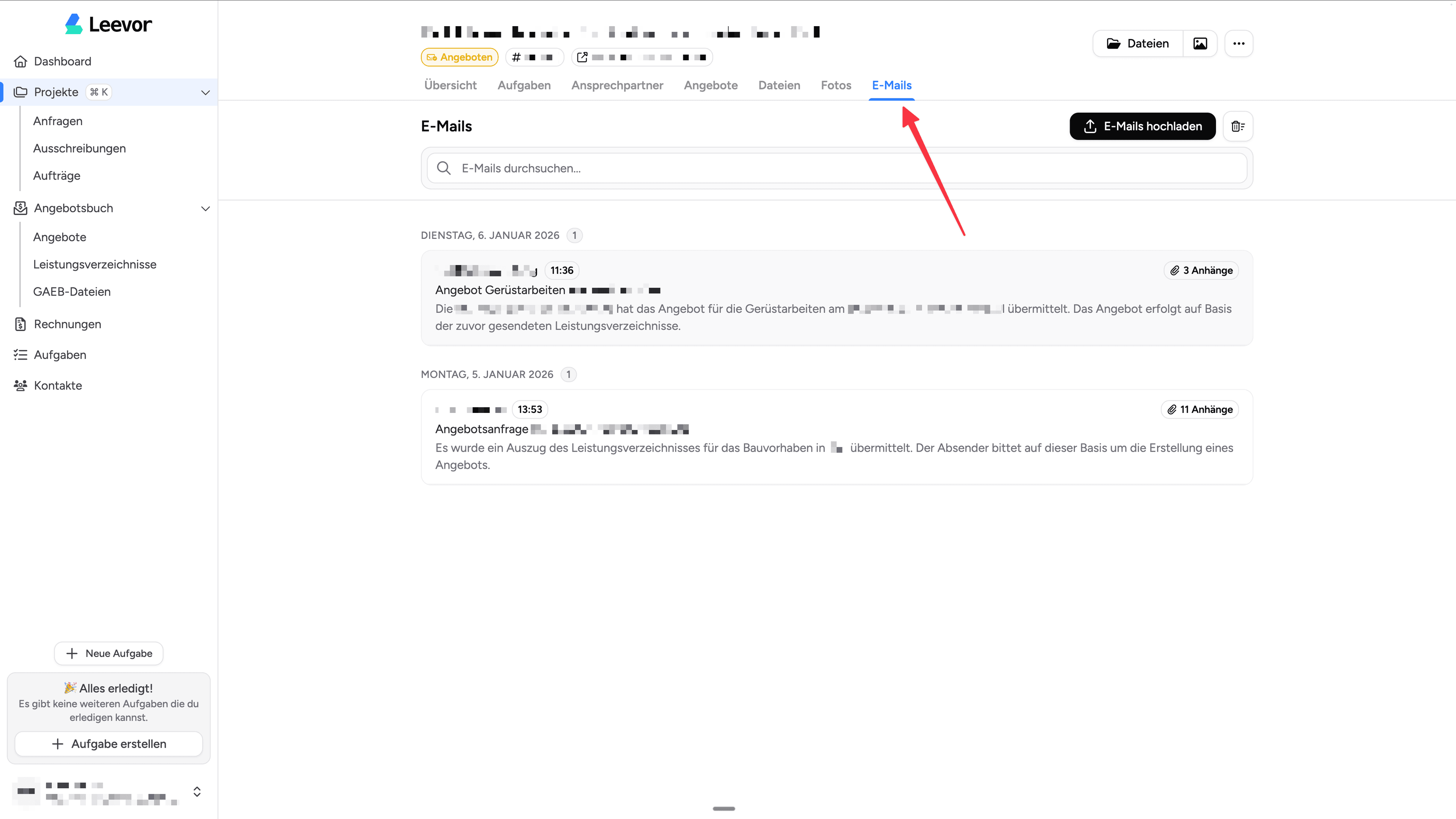 E-Mails Tab im Projekt