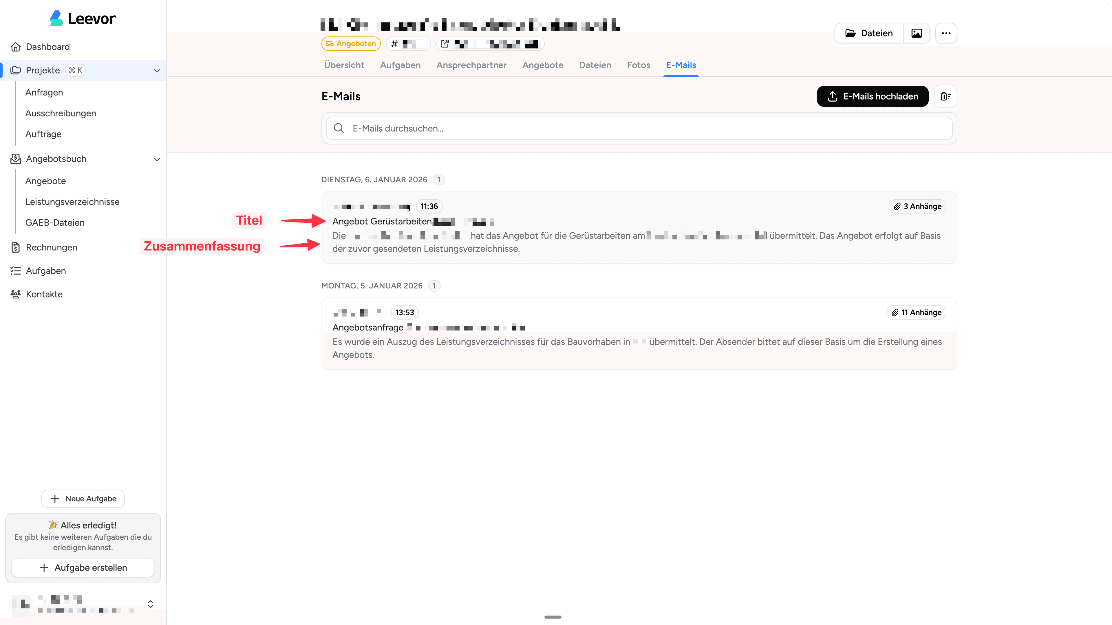 E-Mail-Liste mit Titel und Zusammenfassung